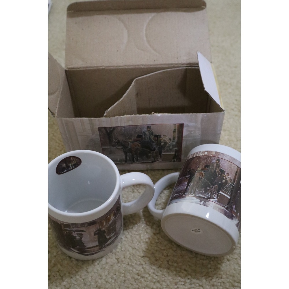 Victorian Winter Scene Unbranded Ceramic Mug Set of 2 White Holiday Traditional